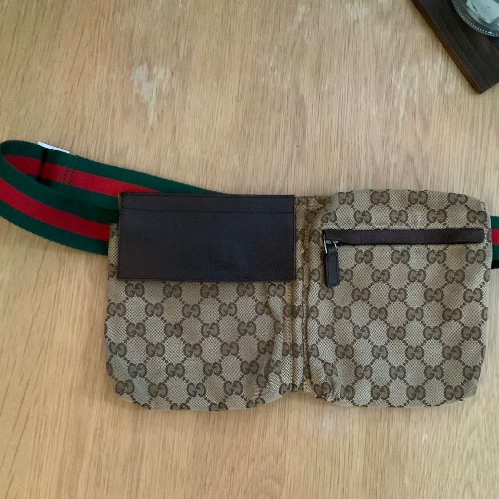 Authentic GUCCI GG Canvas Belt Waist Bag Fanny Pack Red and Green